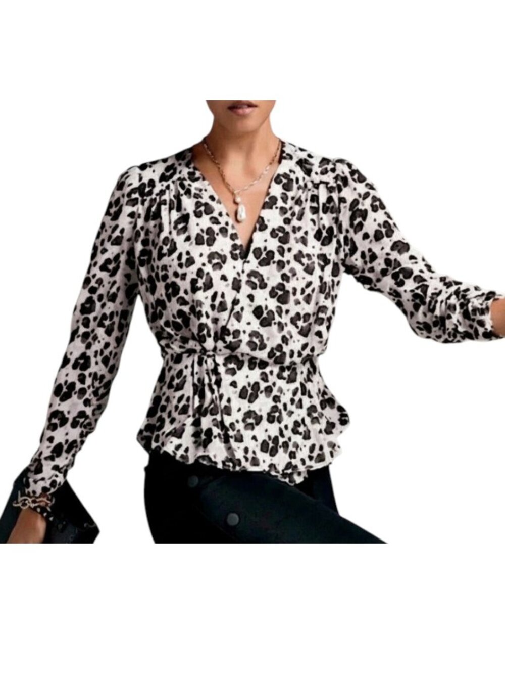 Cabi #5898 Rosette Leopard Wrap Blouse Black White Women's Size L